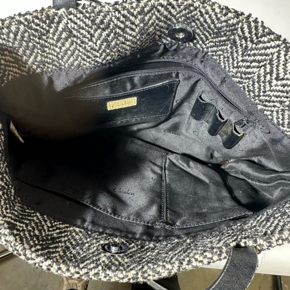 Black and White Tote with Textured Fabric and Long Handles - Picture 4 of 4